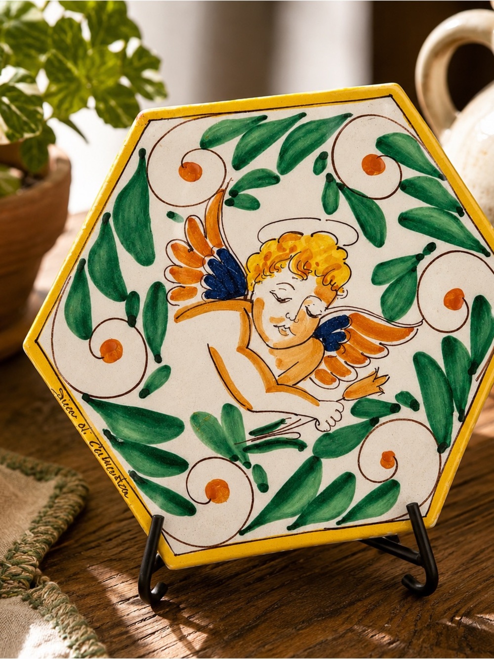 Hand-Painted Hexagonal Cherub Decorative Tile - Yellow & Green